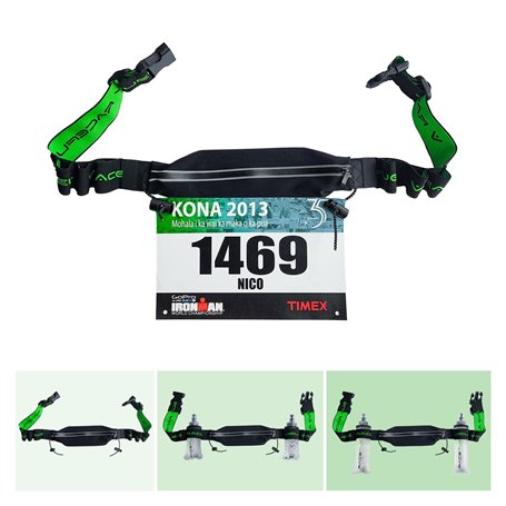 Sangle de course pour triathlon avec poche pour téléphone portable avec porte-numéro et 6 supports pour bouteille souple ou gel