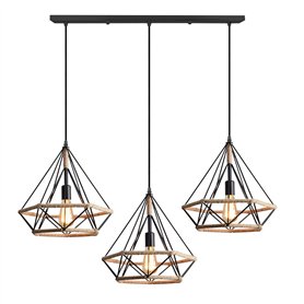 iDEGU 3 Lampes Suspension Luminaire Industrielle Lustre Plafonnier Vinatge Abat-jour Cage Dimant en Métal et Corde de Chanvre La