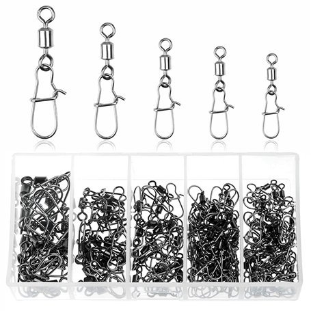 JSUOEO Lot de 125 émerillons de pêche #2#4#6#8#12 en acier inoxydable roulements à billes 8-28 kg avec mousqueton Accessoires de