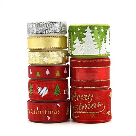 Pveath Rubans de Noël 9 Rubans de Cadeau Rouge/Argent/Or/Vert Gros-Grain Bande Stripe Brillant pour Cadeau