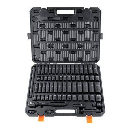 VEVOR Jeu de Douilles à Choc 1/2" Jeu de 58 Douilles à Impact avec Outil à Cliquet 6 Pans en Acier Allié CR-V HRC 42-48 Solide R
