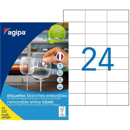 Agipa 101165 Lot de 2400 Etiquettes DIN A4 multi usage enlevable droits 70 x 37 mm Blanc