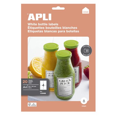 Apli 119486-80 Etiquettes adhésives blanches pour bouteilles - 80 x 120 mm - Impression : laser