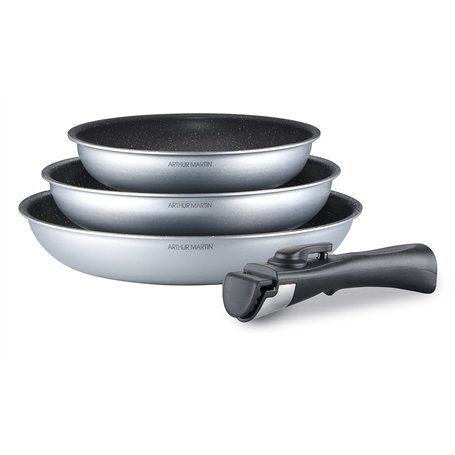 Arthur Martin AM521S Set de 3 Poêles 20-24-28 cm avec revetement anti adhérent Aluminium Poignée amovible Tous feux dont inducti