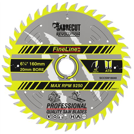 1 x SCCSW16040 SabreCut 160 mm 40T x 20 mm Alésage FineLine Thin Kerf Bois Contreplaqué MDF Aggloméré Coupe transversale et coup