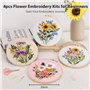 VynyQoo 4pcs Kit Broderie Debutant Motif Floral, Kit de Broderie fleurs, Fils à Broder Kit, Embroidery Kit Broderie Débutant ave