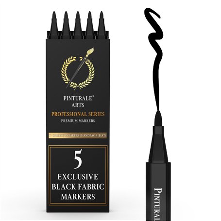 Pinturale Arts 5 Feutre Textile Noir | Set de Marqueur Textile Permanent | Pour Tissu