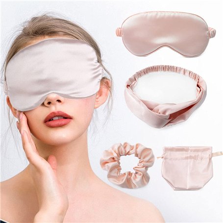 IYOU Soie Dormir Masques de sommeil en soie Set avec Bandeaux et cheveux Chouchous Champagne Cache-œil Mûre Soie Voyage Sieste B