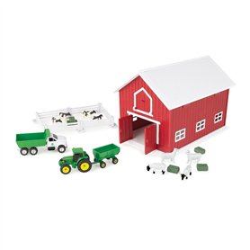 John Deere Jouet Britains 24 pièces avec Animaux de la Ferme, véhicules et Grange Rouge (échelle 1:64) - Grange avec poignée int John Deere Jouet Britains 24 pièces avec Animaux de la Ferme