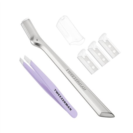 TWEEZERMAN Rasoir à sourcils avec mini pince à épiler (Set duo pour le soin du visage et des sourcils)