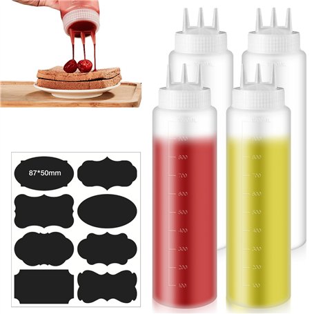 Lot de 4 bouteilles à presser - 1000 ml - Avec 3 buses de pulvérisation - Bouteille à sauce avec échelle de mesure - Anti-fuite