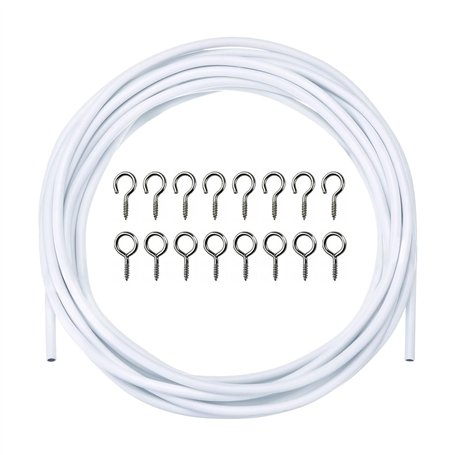 Fil de Rideaux 3 Mètre Blanc - Câble à Rideau Kit Avec 8 Paires Crochets et Yeux - Corde Suspendue pour Tringle à Suspendre des
