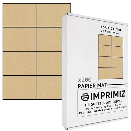 200 étiquettes autocollantes Kraft naturel de 105 X 74 mm - 8 étiquettes/feuille - pour impression Laser et Jet d'encre - 25 pla