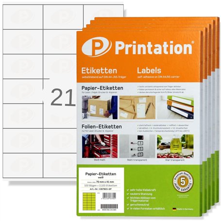 Printation 3481 4473 Lot de 10500 étiquettes autocollantes blanches vierges à imprimer – 500 feuilles DIN A4 de 3x7 21 70x41 – é