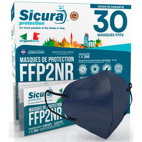 30 masques FFP2 certifiés CE BLEU avec élastiques noirs Logo en relief SICURA BFE ≥99% Fabriqué en Italie Masques FFP2 SANITISÉS