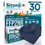 30 masques FFP2 certifiés CE BLEU avec élastiques noirs Logo en relief SICURA BFE ≥99% Fabriqué en Italie Masques FFP2 SANITISÉS
