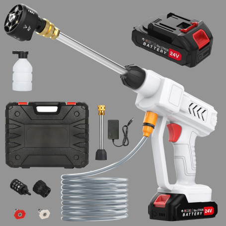 Nettoyeur Haute Pression sans Fil, Nettoyeur Haute Pression avec Buse 6 en 1, Pulvérisateur de Mousse, 2 Batteries, Tuyau de 5M,