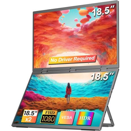 COOLHOOD Moniteur Double Portable 18,5", Ecran Portable pour Laptop avec Trous VESA, Angle d'affichage/Support réglable pour ...