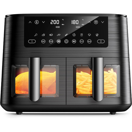 9L Dual Zone Air Fryer avec Fenêtre de Visualisation, Friteuse sans Huile avec 2 Tiroir, 9-in-1 Programmes de Cuisson, Écran Tac