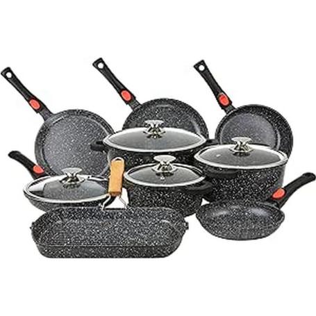 Kamberg - Set Lot Batterie de cuisine 24 pièces - Fonte d'aluminium - Revêtement pierre - Manche Amovible - Tous Feux dont Induc