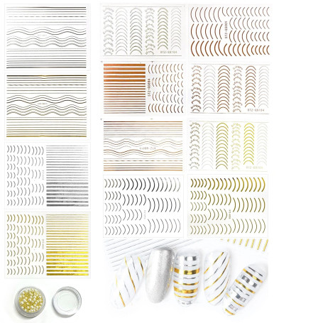 12 feuilles 3D autocollants d'art d'ongle auto-adhésifs or argent courbe bande ligne décalque d'ongle perle boule en acier décor