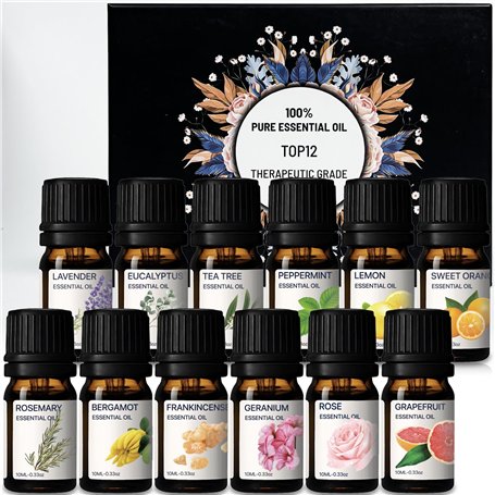 Huiles Essentielles - Kit d'huiles 100% pures - Ensemble-cadeau des 12 meilleures huiles d'aromathérapie - Pack de 12