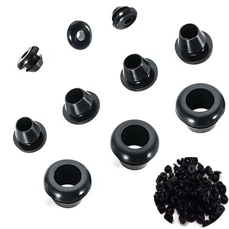 Lot de 100 douilles de câble – 10 modèles d'œillets en caoutchouc et câble de passage en caoutchouc noir