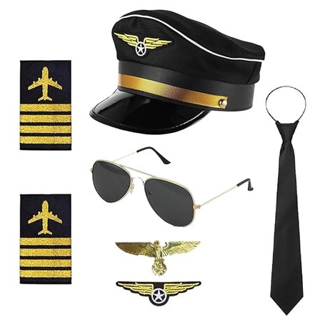 XFSRG Accessoires de Costume de Pilote Kit Costume de Capitaine avec Epaulettes Rayures Chapeau de Pilote Casquette Badge Lunett