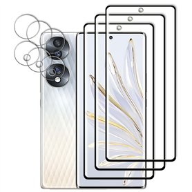 Tzstz 3+3 Pièces Verre Trempé pour Honor 70 5G Protection Écran ，3D Couverture Complète Film de Protection，Sans Bulles