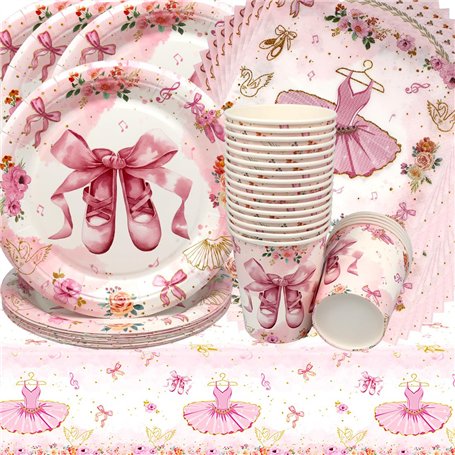 Doyomtoy Vaisselle de Fête Ballerine Anniversaire Fille Vaisselle Papier Set Assiettes en Papier Serviettes Tasses pour Fête à T