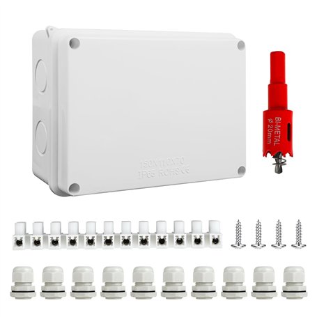 Boîte de Dérivation Étanche Exterieur IP65 - Coffret de Raccordement Apparent 150x110x70 mm - avec 10 presse-étoupes M20 avec jo