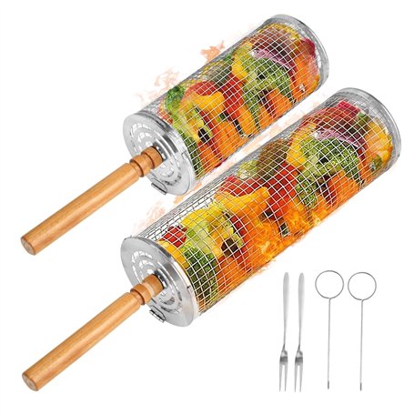 Lot de 2 Paniers à Barbecue Emboîtables - Acier Inoxydable 304 avec Poignée en Bois Amovible - Pour Légumes et Viandes - Accesso