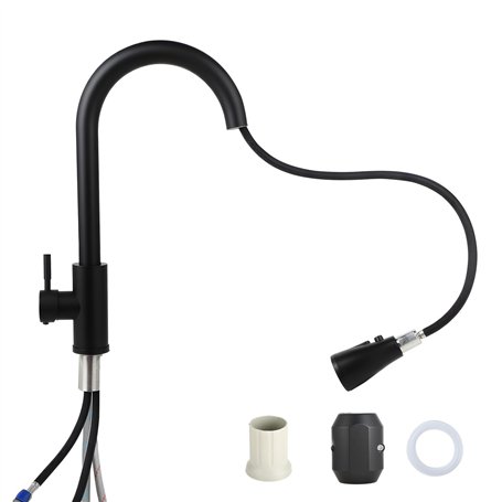 Mitigeur Cuisine Extractible 60 cm avec 2 Types de Jet & Rotation 360° - Robinet Evier Noir Mat en Acier Inox - Robinet Cuisine