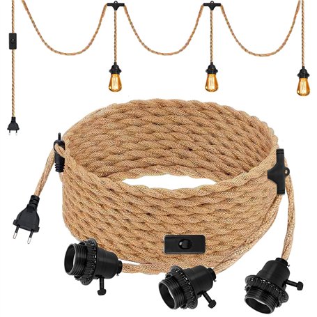 Douille E27 avec Câble 6.8m en Corde de Chanvre Tressée Vintage et Interrupteur