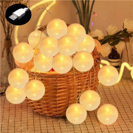 PORFOYO Guirlande lumineuse en boules de coton de 6 m - 40 LED - Avec prise USB - Pour mariage