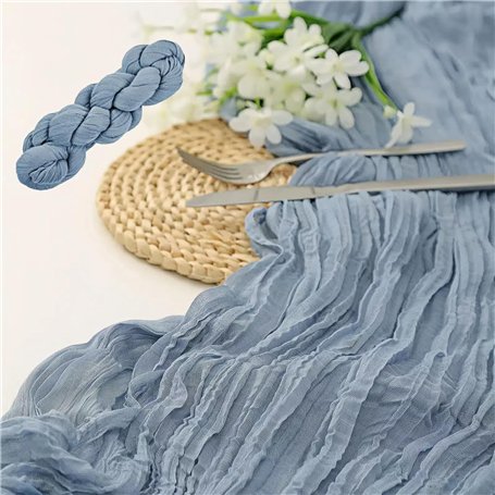 Chemin de Table en Gaze Bleu Poussiéreux 90 x 300 cm - Style Boho Rustique Translucide et Lavable - Élégant Décoration de Table