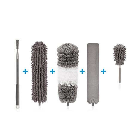 HUIEYE 5 PièCes Plumeau PoussièRe Microfibre avec PoignéE en Acier Inoxydable Lavable RéUtilisable Nettoie Coins PoussièRe Longu