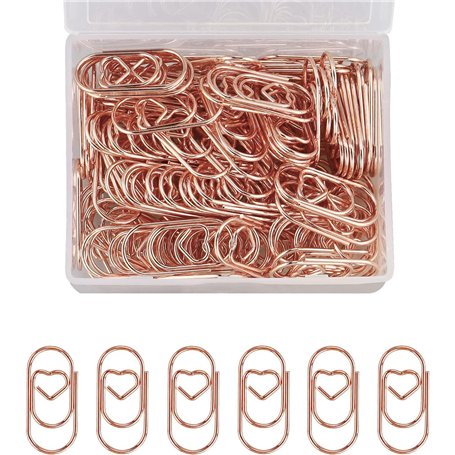 Lot de 140 trombones en forme de cœur or rose avec boîte transparente pour trombones