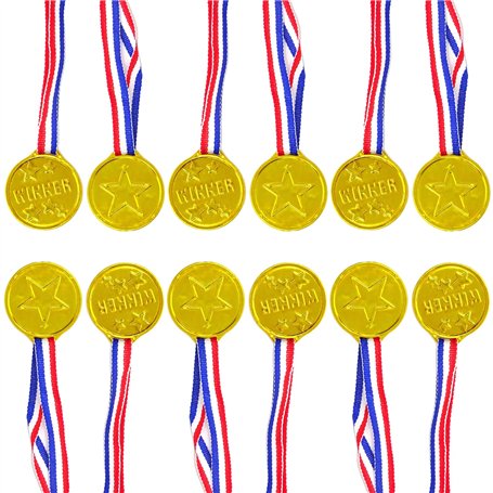 WOLMIK Lot de 12 médailles de gagnants en plastique doré avec rubans de cou pour fête