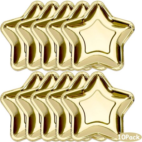 Lot de 10 assiettes en carton jetables en forme d'étoile dorée de 17