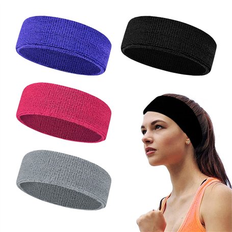 Lot de 4 serre-tête en coton polyester - Accessoire de sport - Bande élastique antidérapante - Pour hommes et femmes - Convient