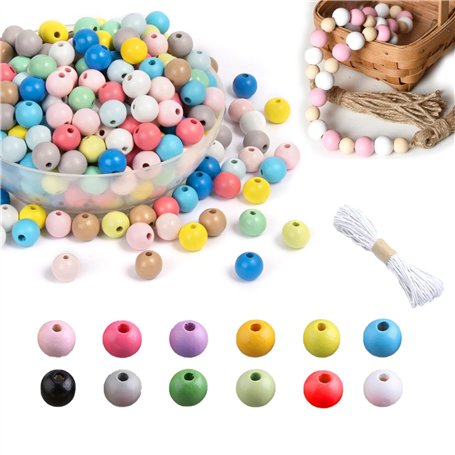 Strehknewen 400 Perles en Bois Colorées 12 mm avec Corde 10 m