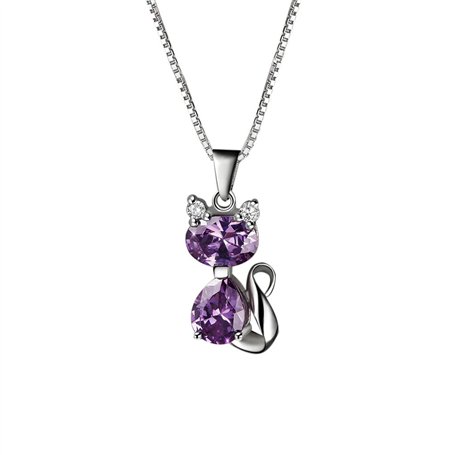 Aoneky Pendentif Collier Chat en Améthyste avec Chaîne 45cm en Argent 925 Sterling - Collier Bijoux Violet - Cadeau pour Femme F