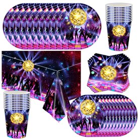 Shamoparty Lot de 61 décorations disco pour fête de 80 et 90 avec assiettes de 22,9 cm, gobelets, serviettes et grandes nappes - Shamoparty Lot de 61 décorations disco pour fête de 80 et 90 avec assiettes de 22