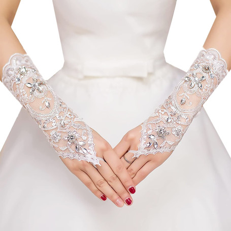 ABDA Gants de mariée élégants sans Doigts rétro - Accessoires de Mariage - Gants de mariée Blancs en Satin de Dentelle sans Doig
