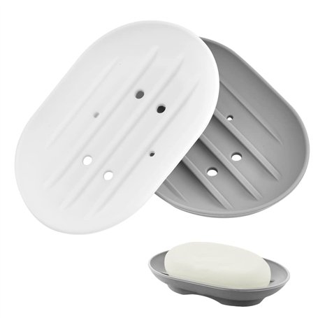 THATSRAD 2 PCS Porte Savon en Silicone 11.3*7.8*2cm Gris et Blanc Avec Trou Inférieur pour Douche