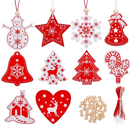 40pcs Décorations Noël Sapin Pendentifs en Bois Ornements d'arbre de Noël 10 Style avec Corde Embellissement Créatif pour Merry