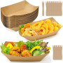 Huucozn 50 Pièces Barquettes en Carton Kraft avec 50 Fourchette Plateaux Alimentaires Jetables en Carton Kraft Barquette Frite B