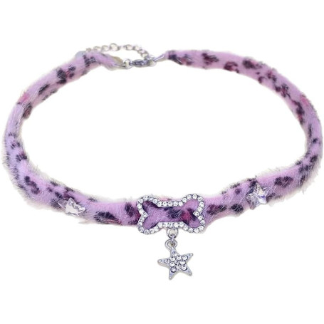 XFSRG Collier Femme Fantaisie en Fourrure Léopard Rose avec Pendentif Étoile Brillant Bijoux Mode pour Anniversaire et Cadeau