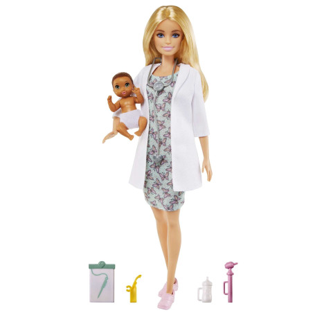 Barbie Métiers coffret Pédiatre avec poupée blonde en blouse blanche de médecin